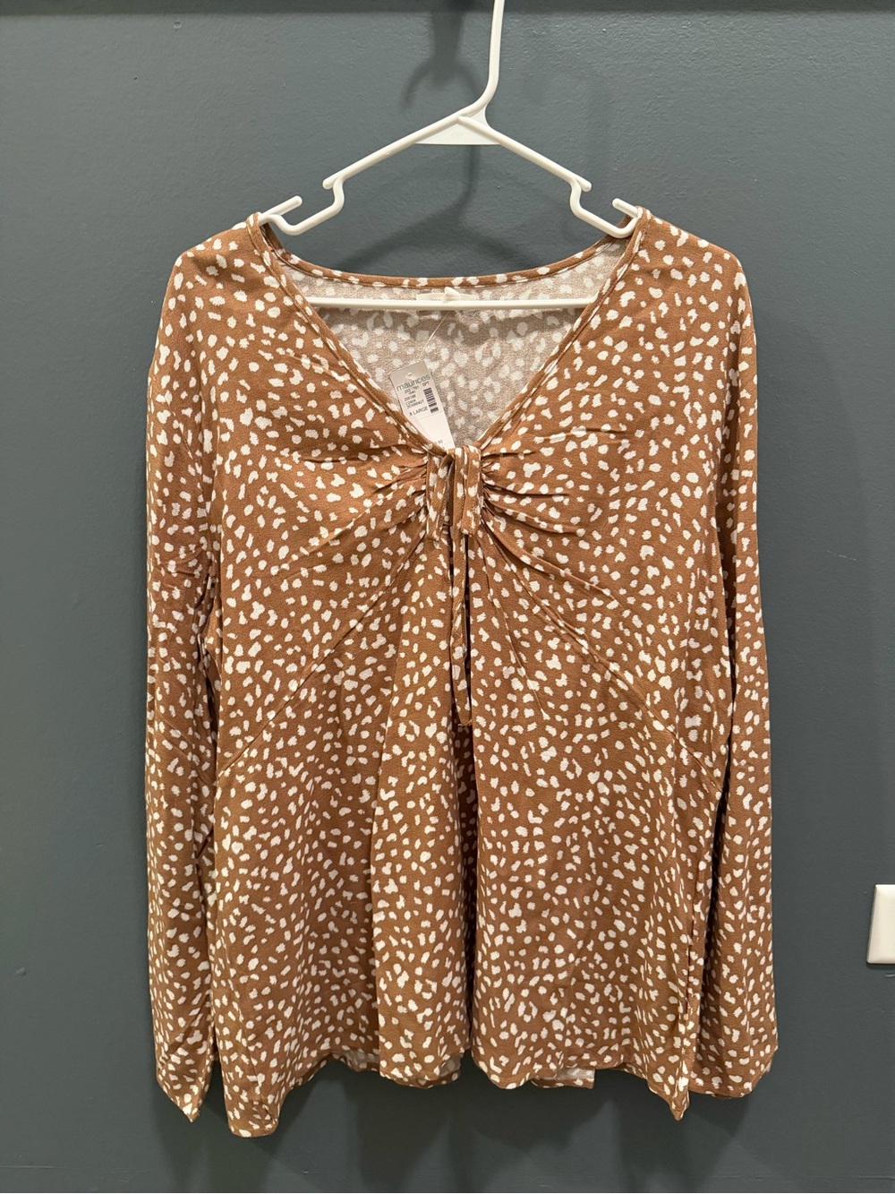 Maurices Tan & White Spotted Knot-Front Long Sleeve Dress